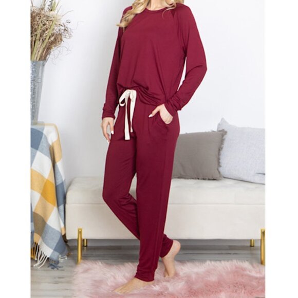 NEW Solid Burgundy Long Sleeves Top and Joggers Set with Tie Casual and Lounging - Picture 2 of 7